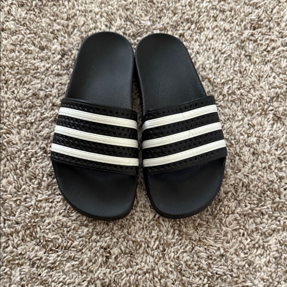 Adidas Black Slides with White Stripes
